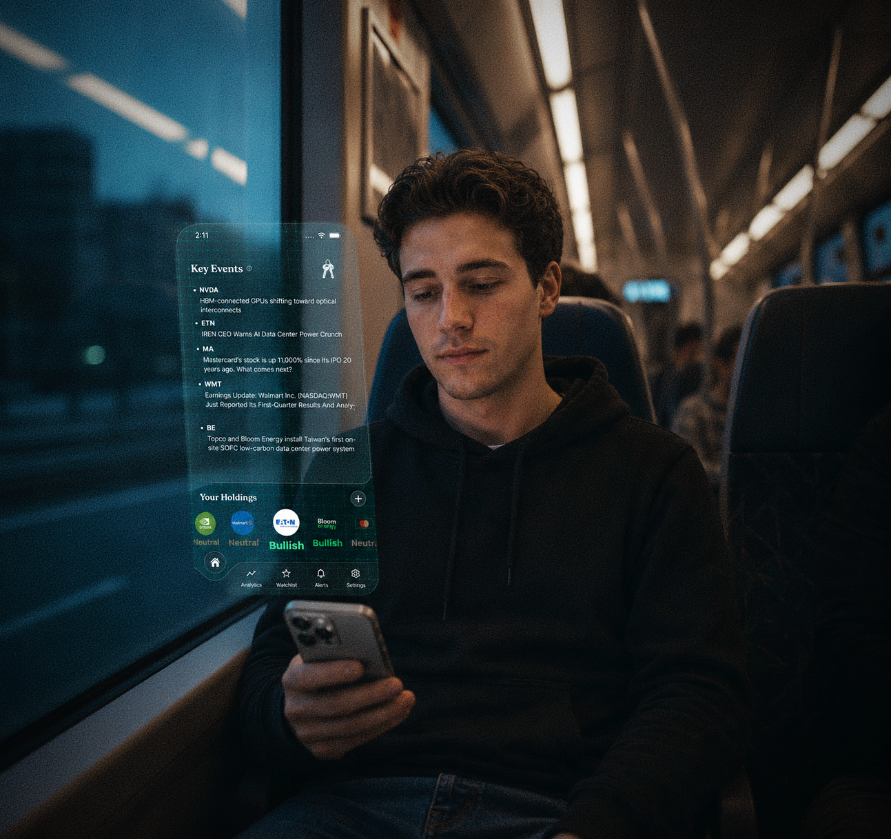 A commuter reviewing key events and holdings in Xcelion