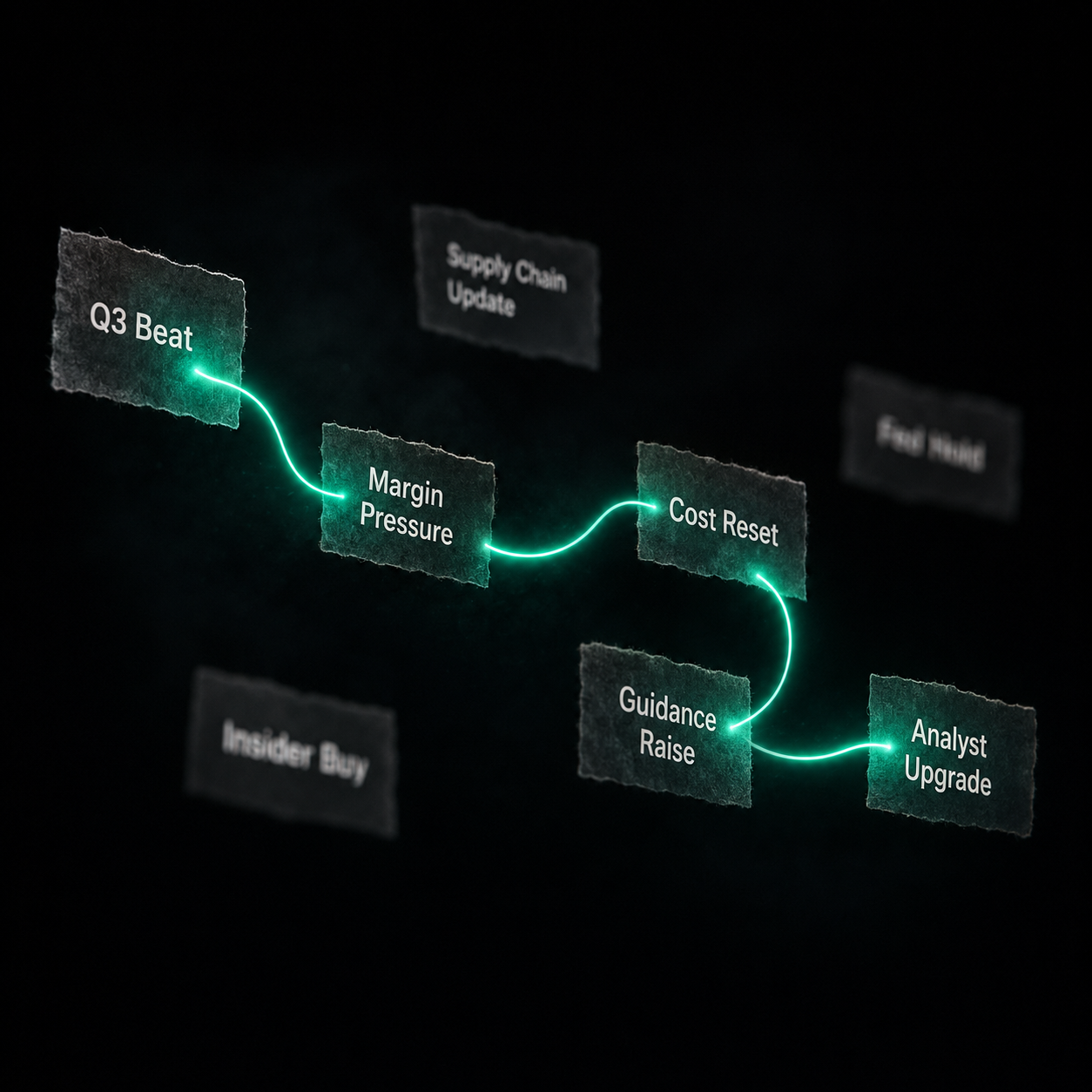 Scattered news fragments connected by a single emerald line