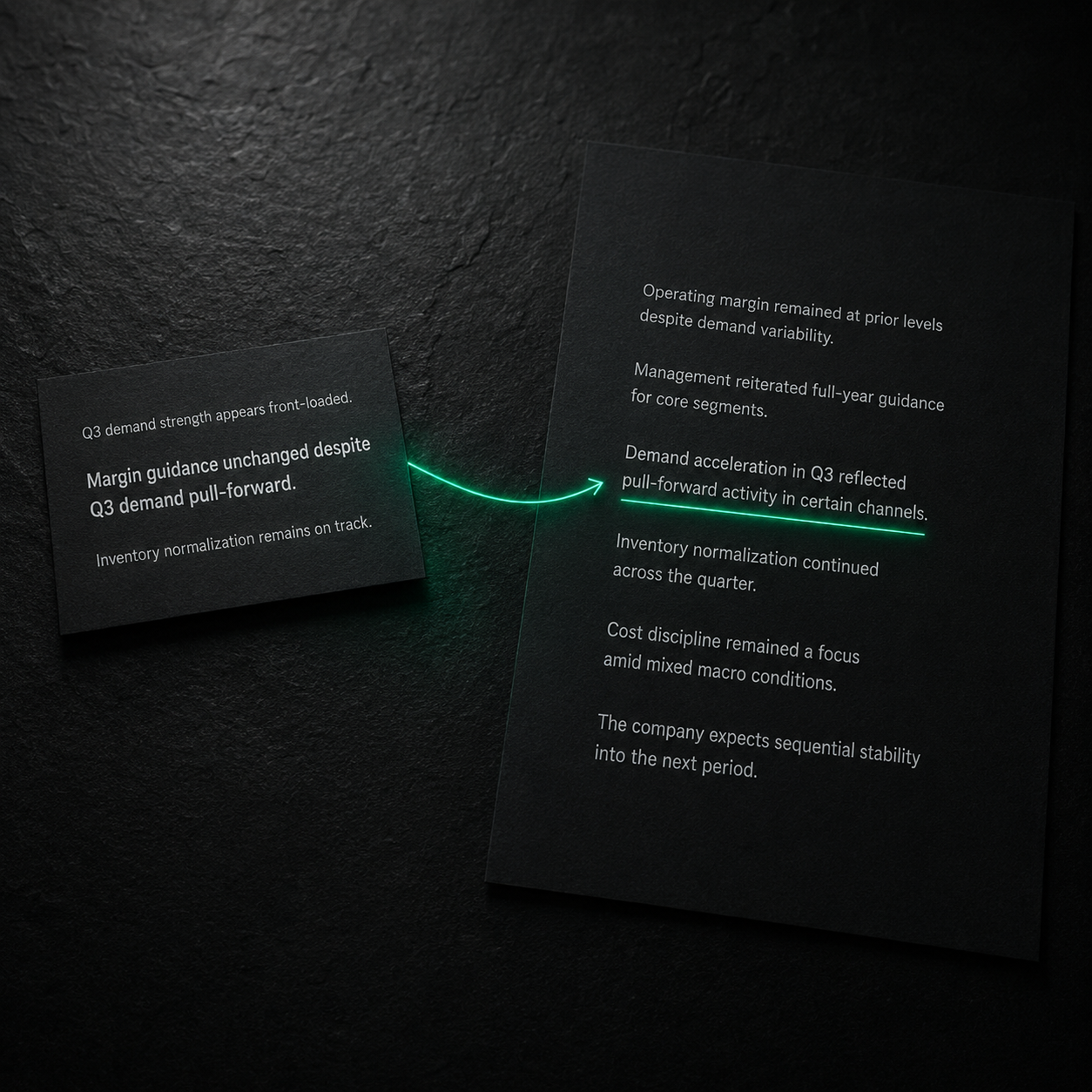 A short briefing card with an emerald arrow pointing back to its source