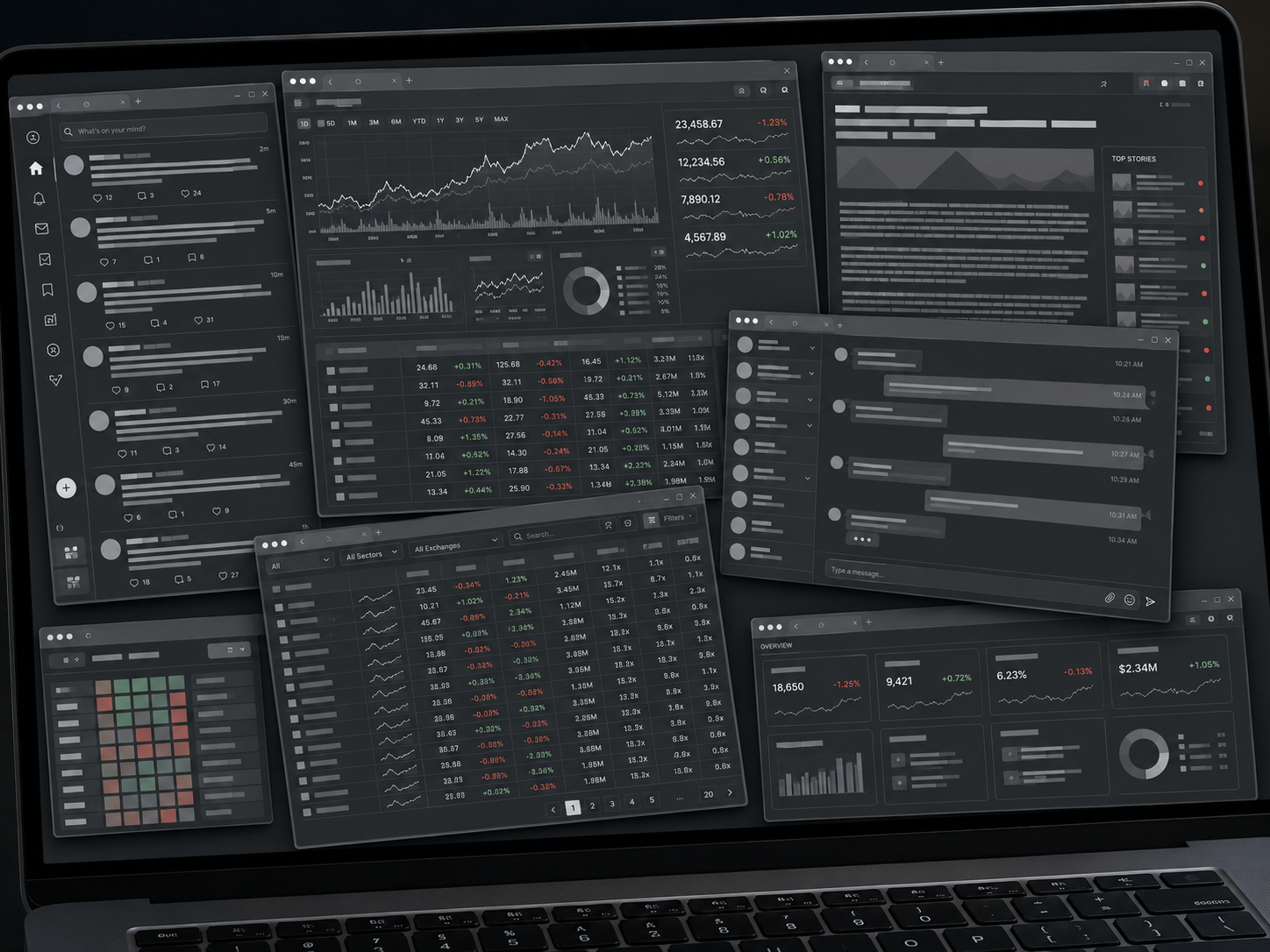 Cluttered desktop with overlapping news, charts, and feeds