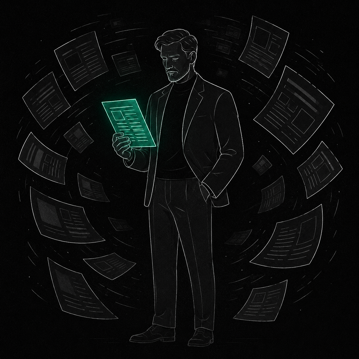 A reader surrounded by floating papers, holding the one that matters