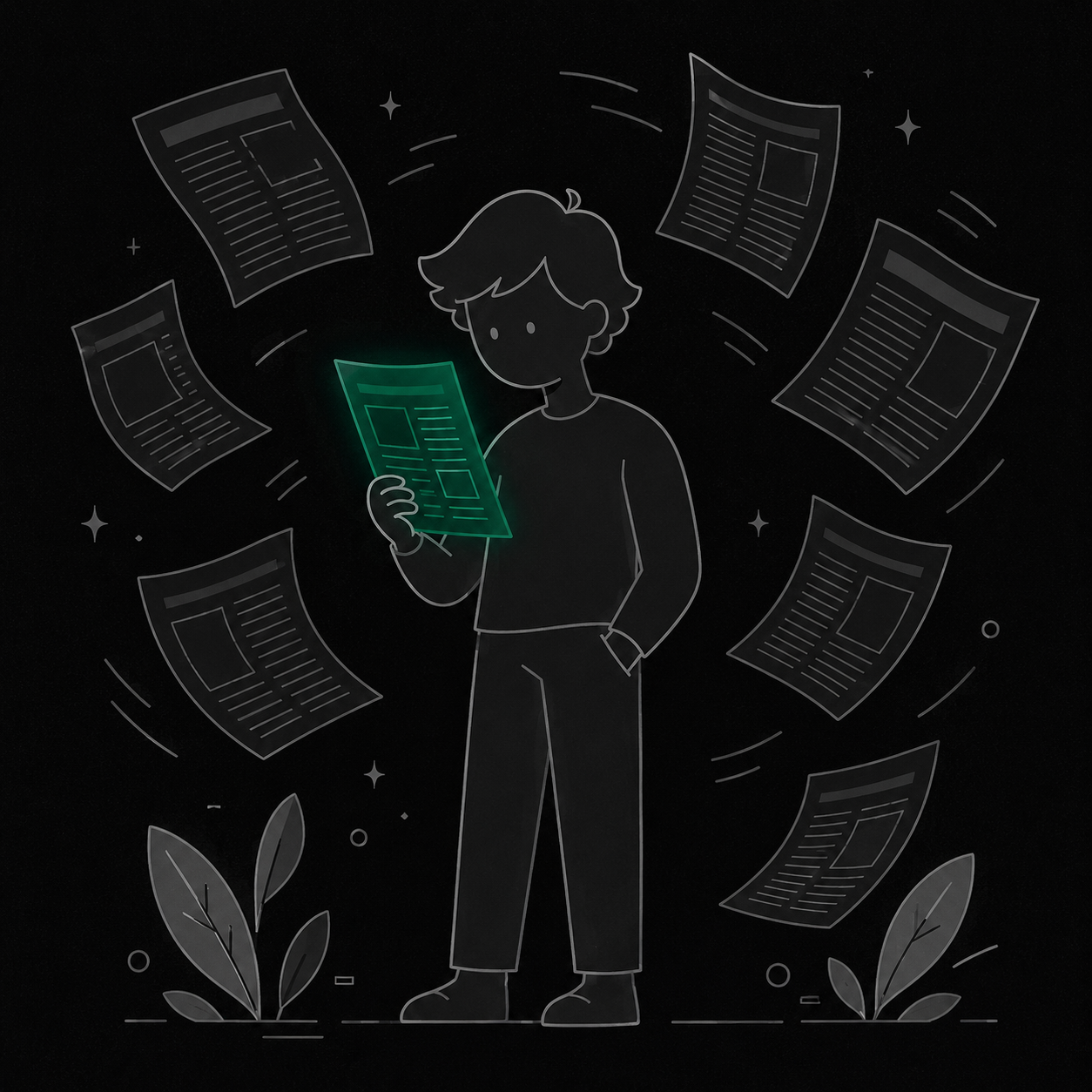 A reader surrounded by floating papers, holding the one that matters