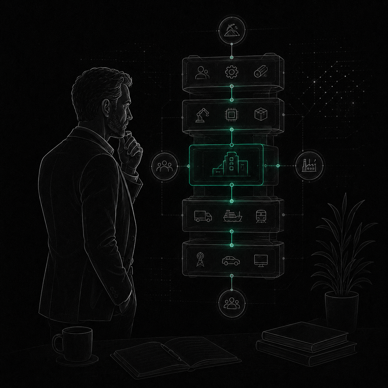 A specialist examining a layered industry stack with a magnifier