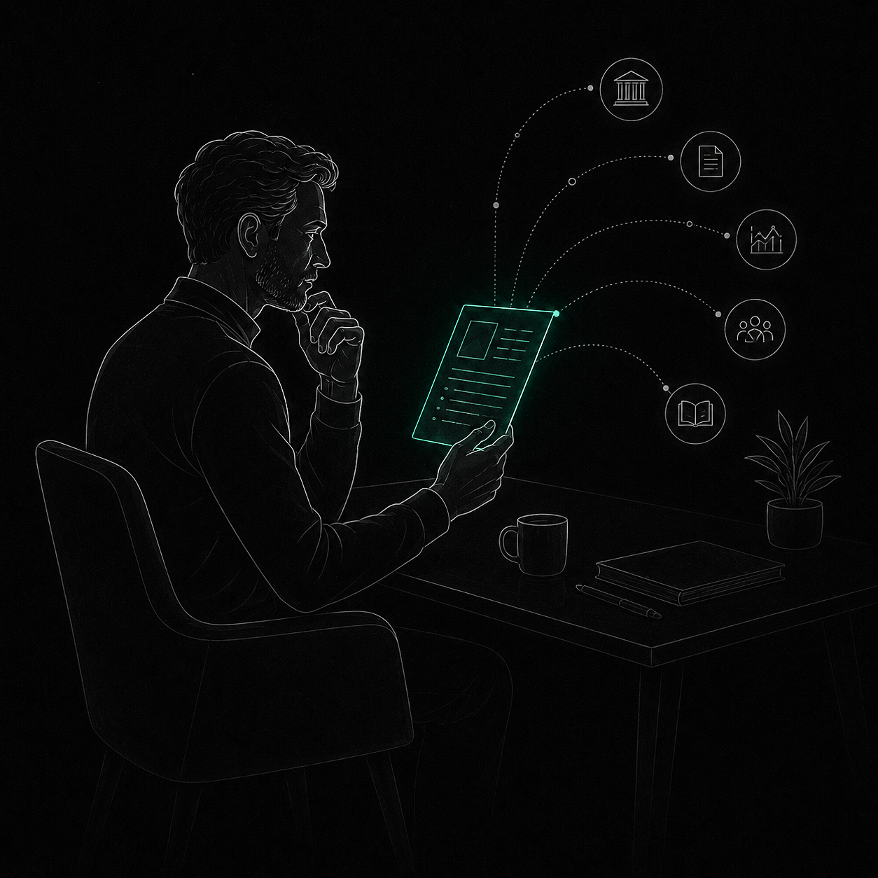 A reader at a small table with coffee and a single brief card