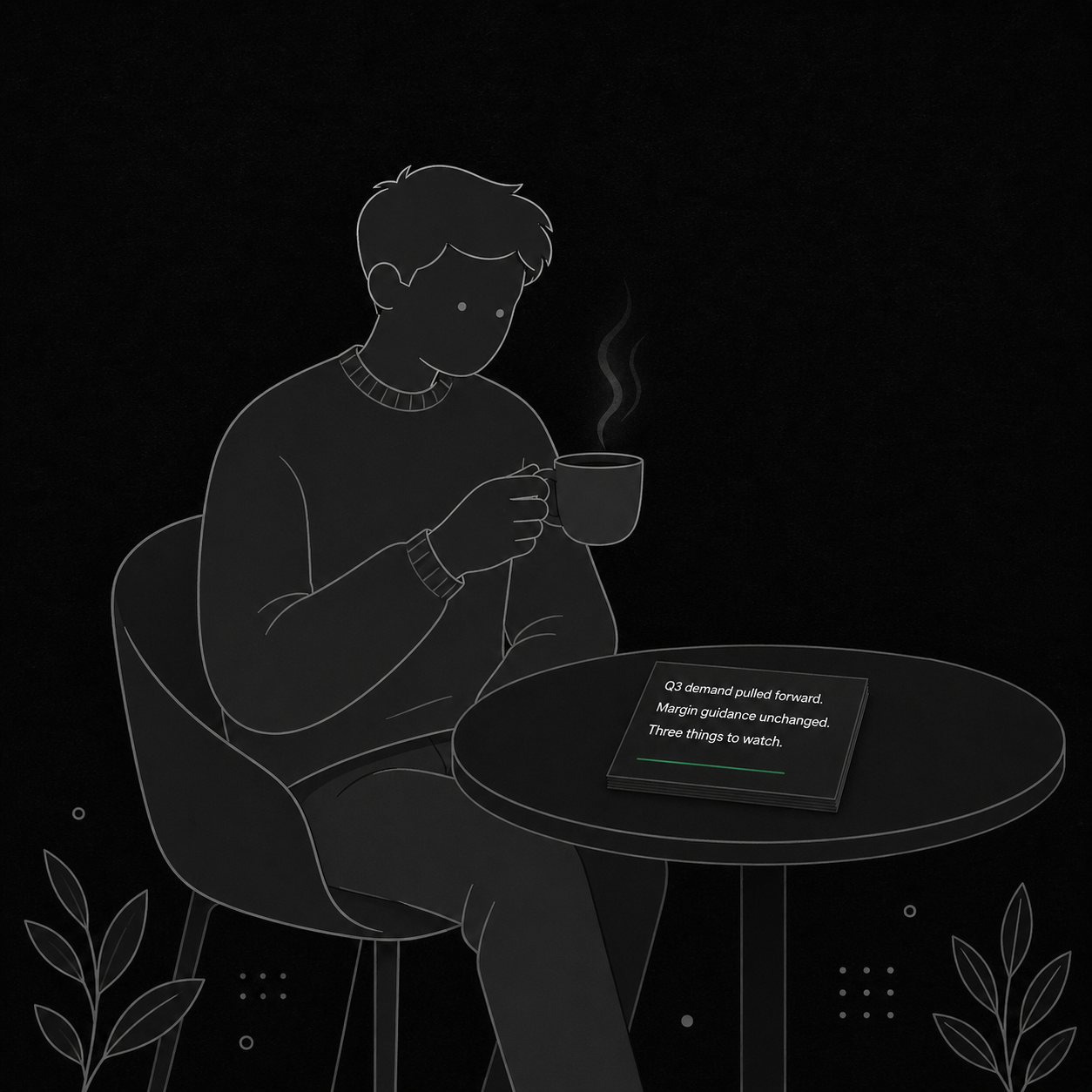 A reader at a small table with coffee and a single brief card