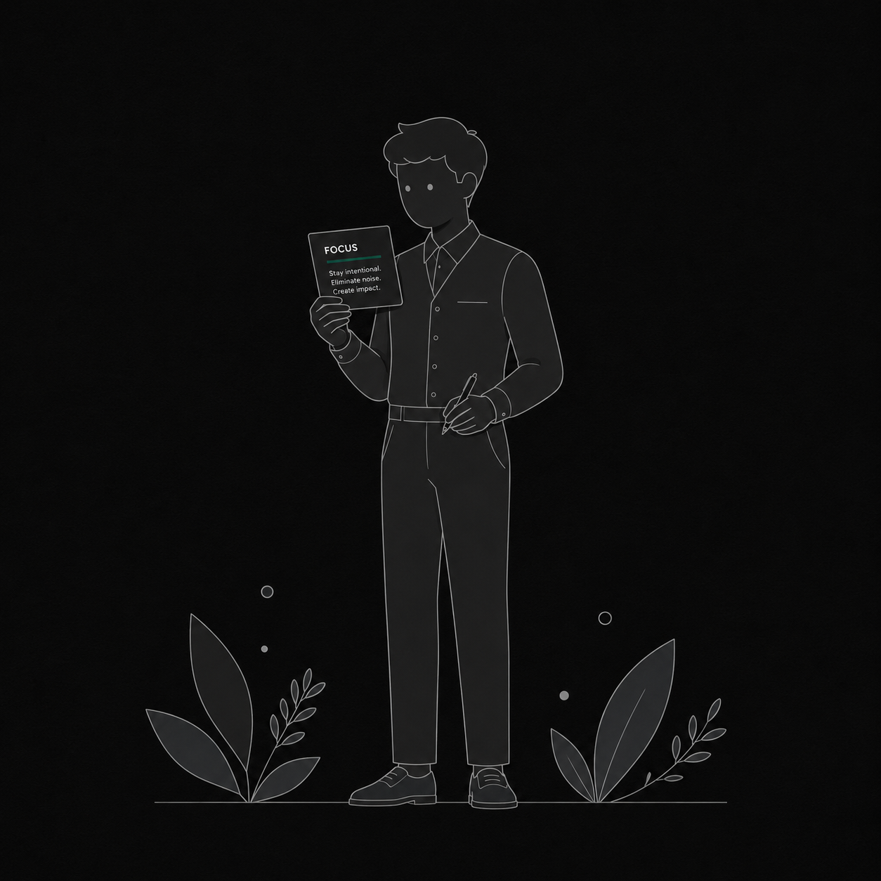 A reader standing alone with a focus card and a pen